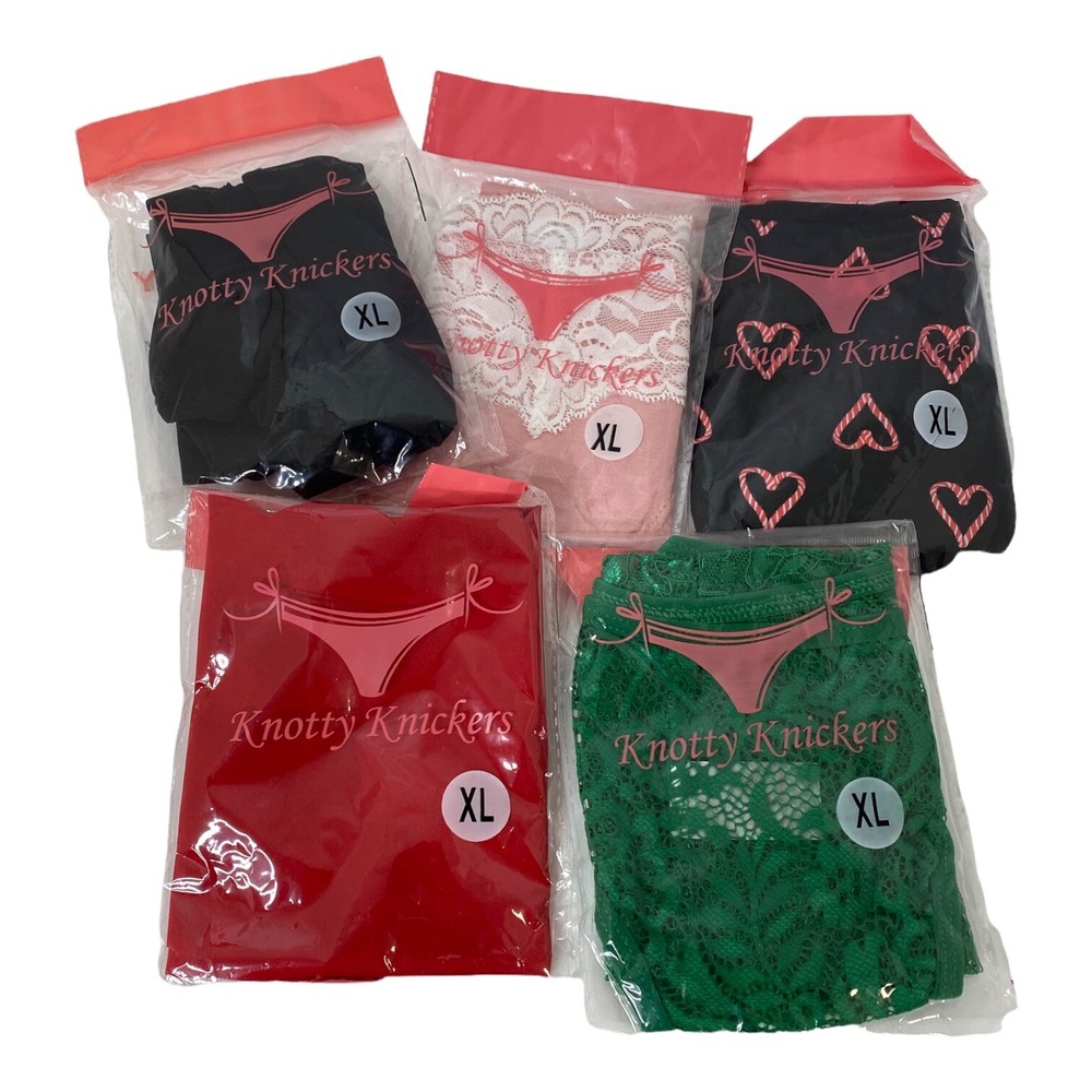 Knotty Knickers Panties Lot of 5 Women XL Red Black Hearts Lace Mesh Teal Navy